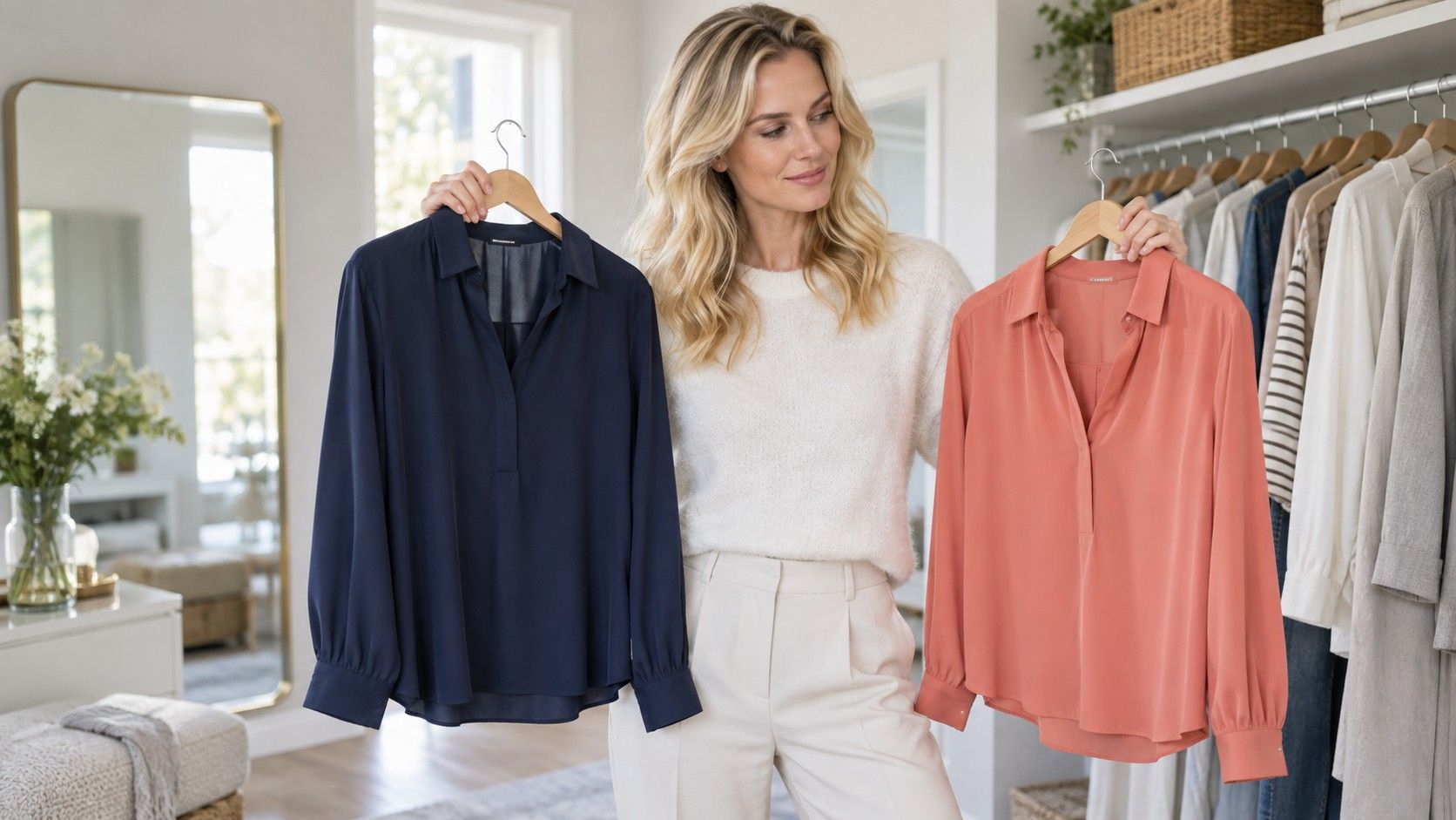 Soft blue and coral clothing for blonde hair and blue eyes