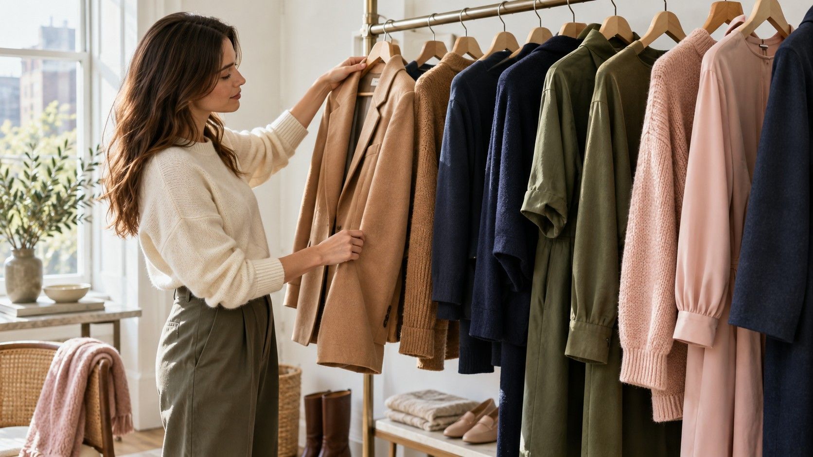 Clothing color chart beside coordinated everyday outfits