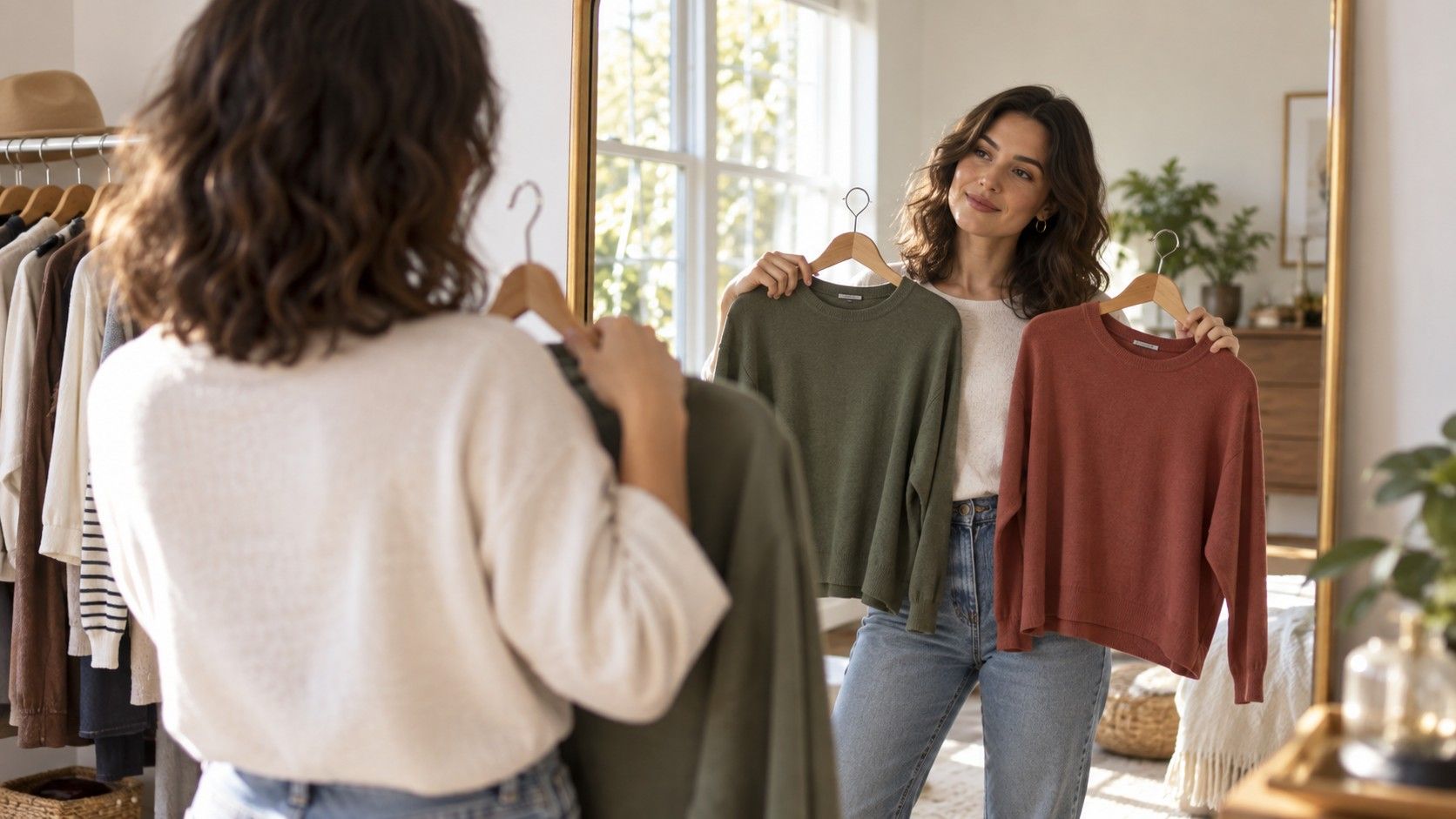 Coordinated neutral and accent color clothing outfit