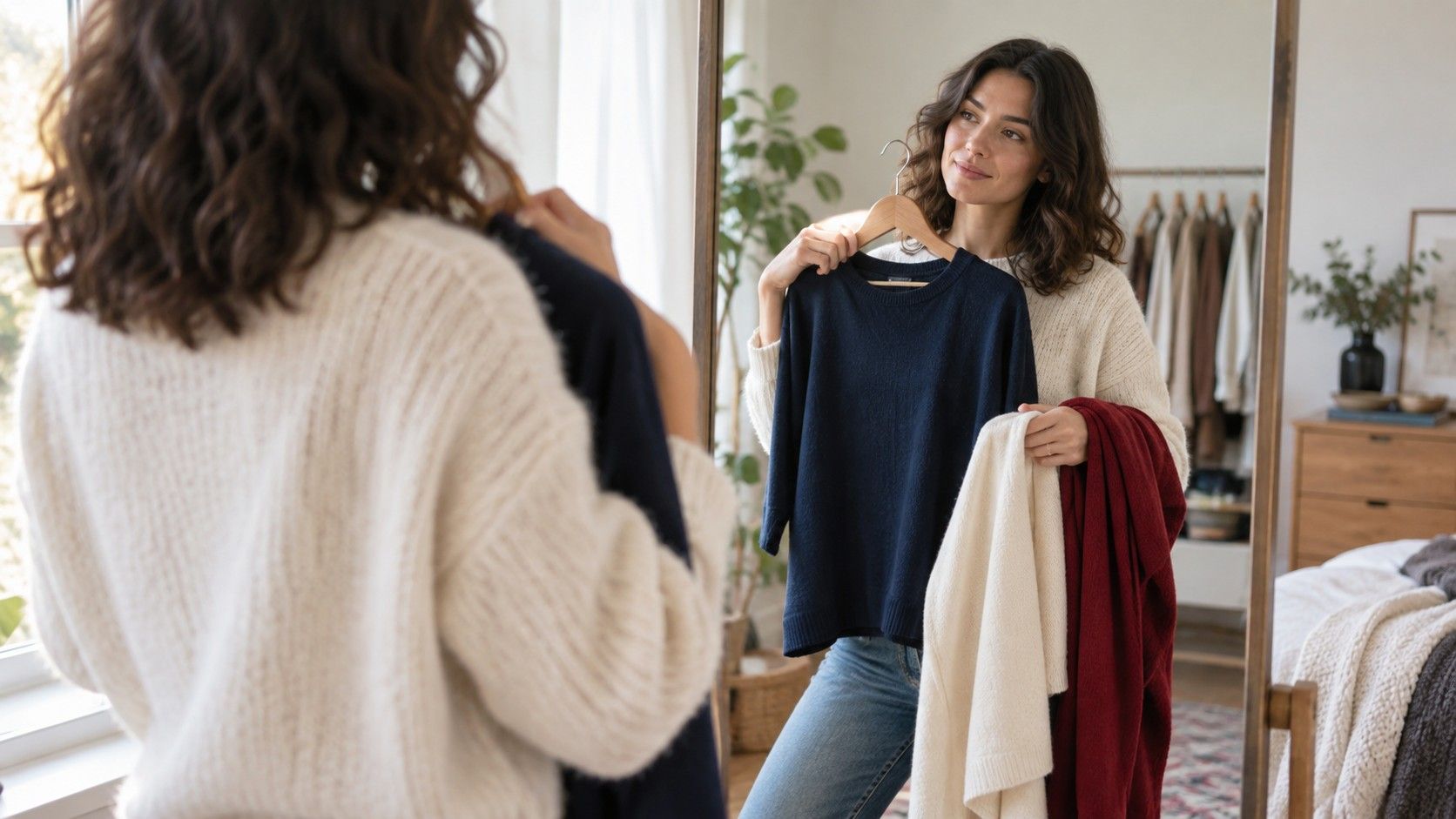 Clothing color test with fabric swatches near a mirror