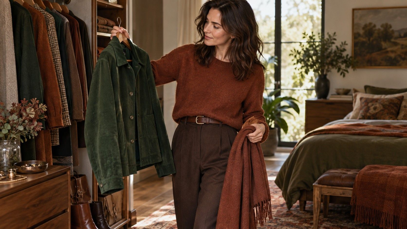 Deep Autumn clothing in forest green, rust, and espresso