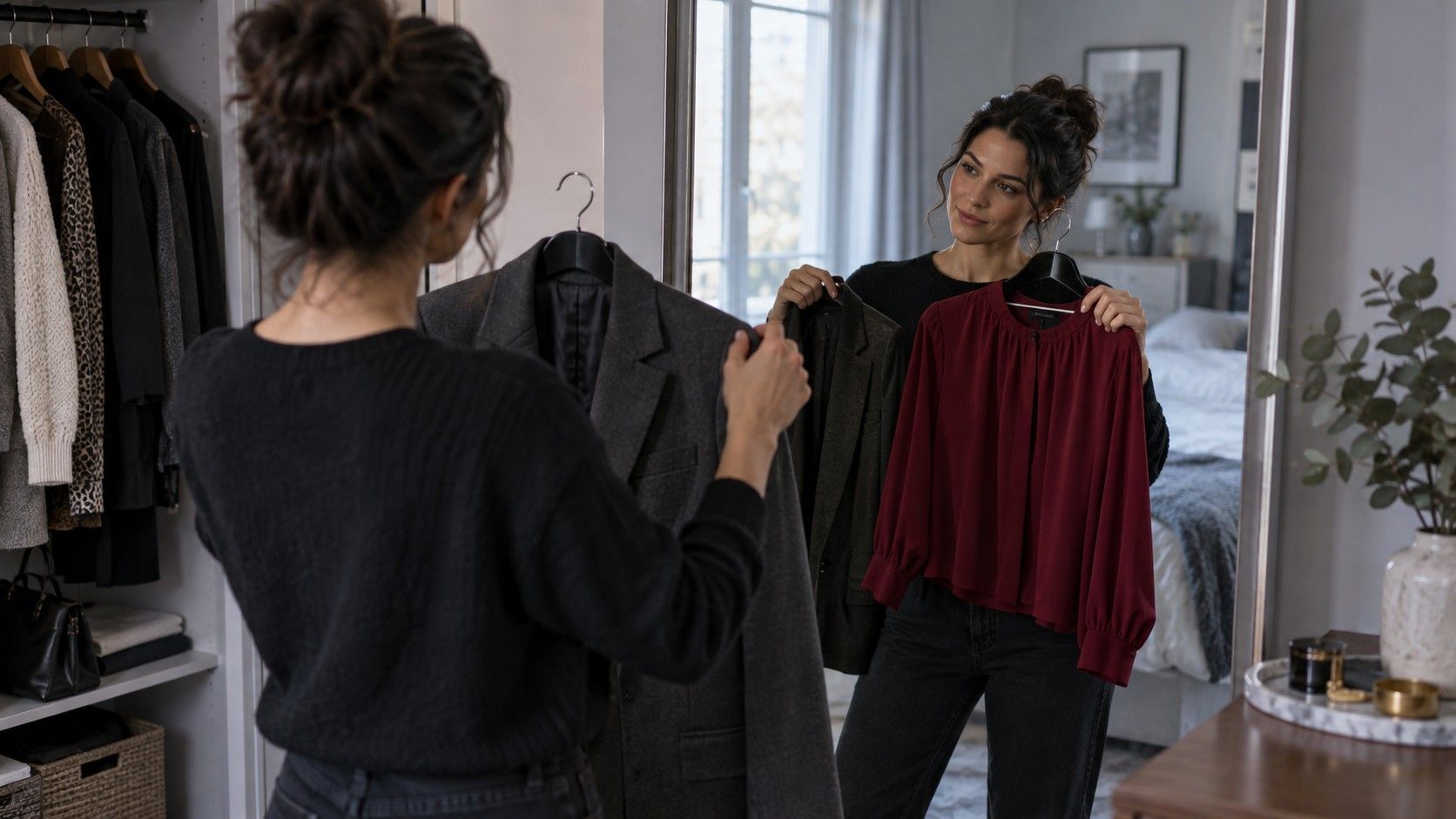 Neutral toned capsule wardrobe with navy taupe and berry clothes